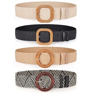 1526 4 Pack Rattan Straw Raffia Summer Belts For Women 2025 Elastic Stretch